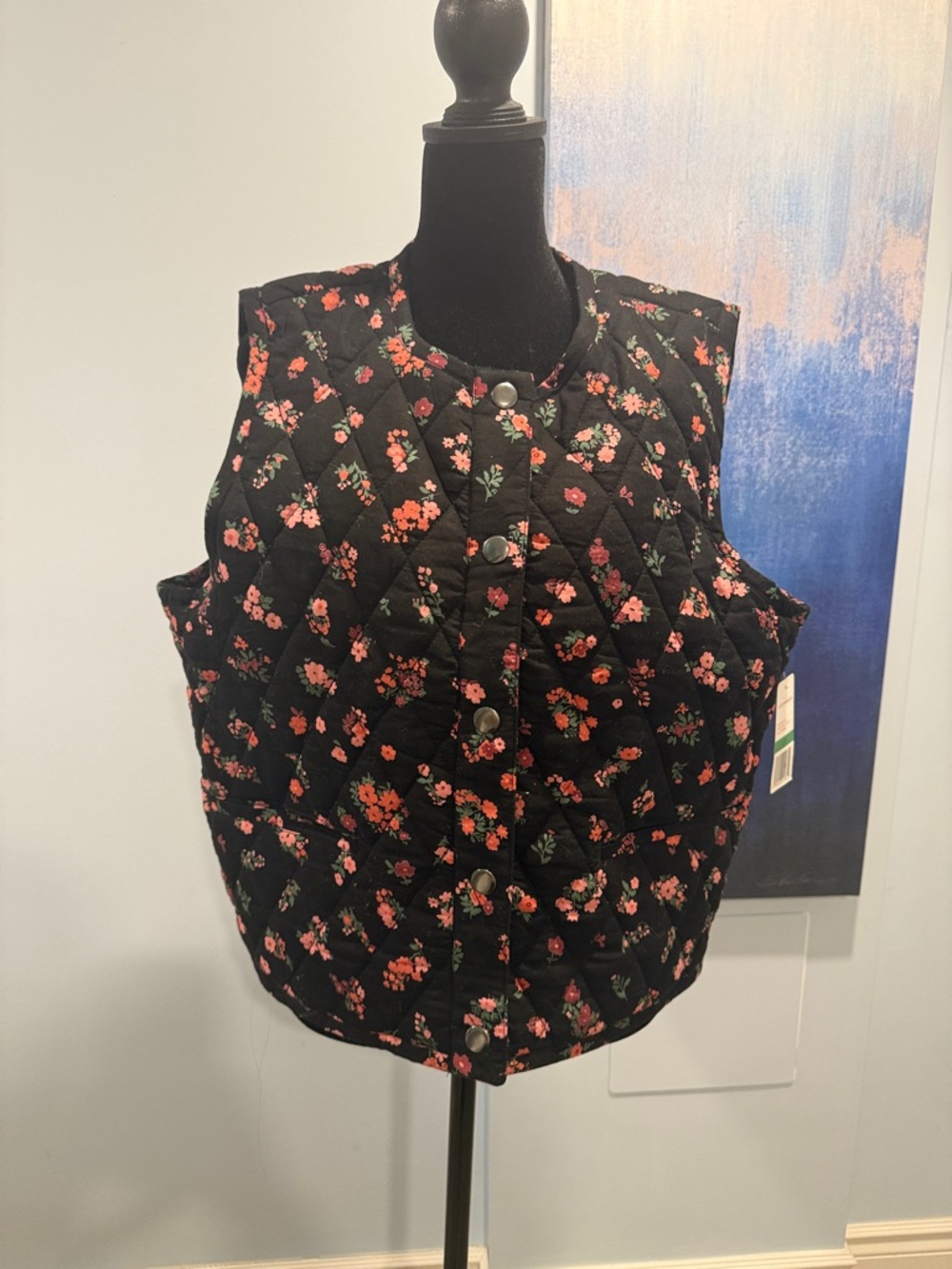 Lucky Brand Black Quilted Floral Snap-Front Vest